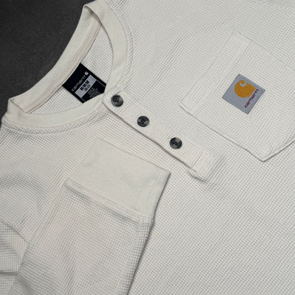 Carhartt Henley Shirt Kids  Boys Medium 10-12 Cream Waffle Knit Thermal TK6441-B